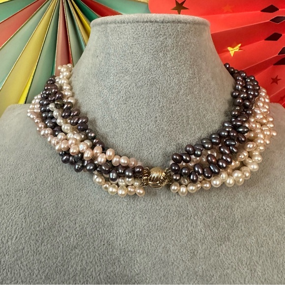 14k Yellow Gold 5-Strand Pearl Necklace - Picture 2 of 4